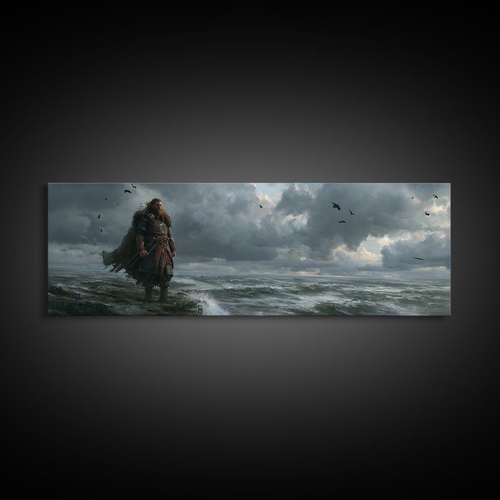 Stormy Viking By Rough Sea Framed Canvas Print, Dark Nordic Warrior Wall Decor, Raven Coastal Fantasy Art For Living Room