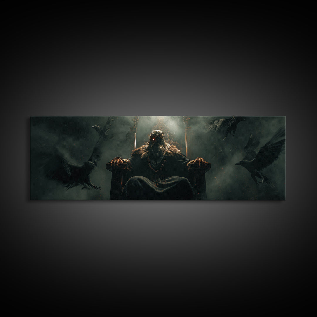 Raven King On Shadow Throne Wall Art, Dark Fantasy Framed Canvas Print, Gothic Castle Decor, Moody Statement Artwork, Game Room Decor