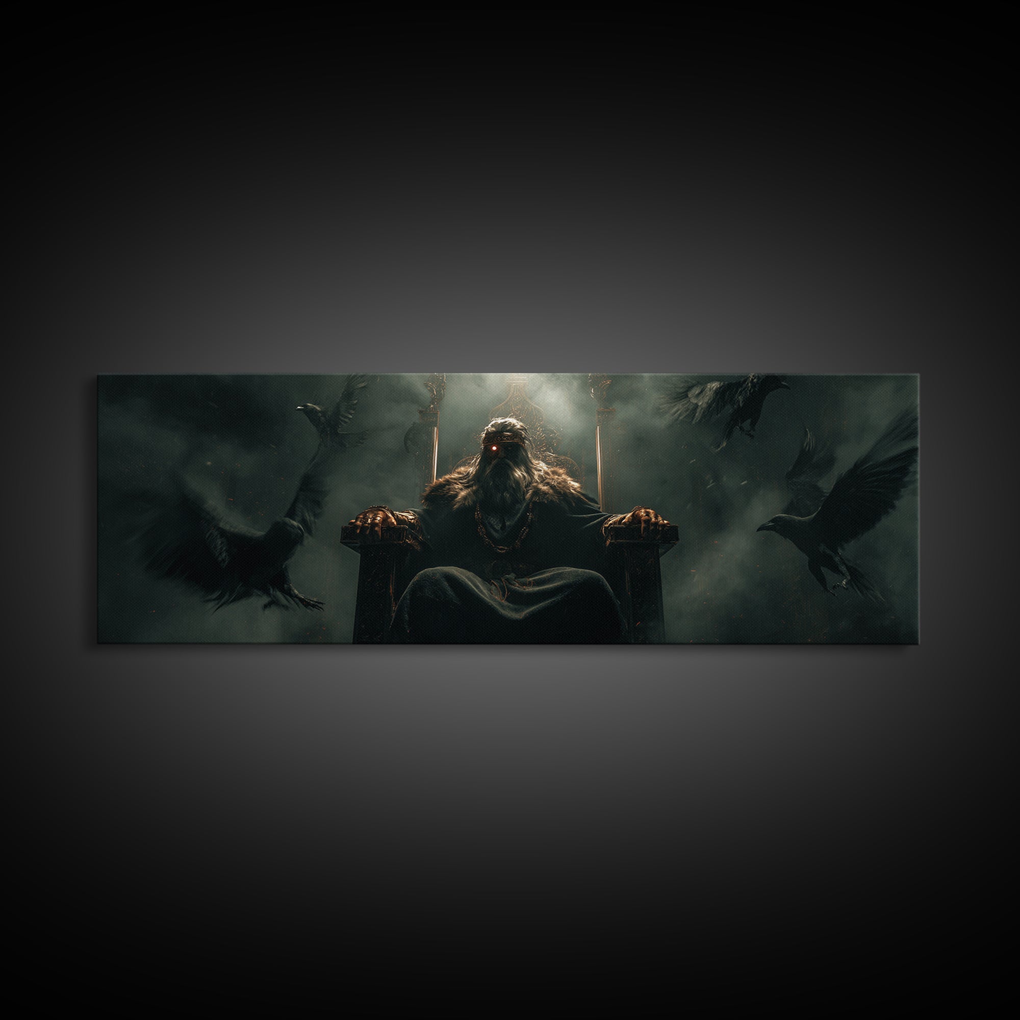 Raven King On Shadow Throne Wall Art, Dark Fantasy Framed Canvas Print, Gothic Castle Decor, Moody Statement Artwork, Game Room Decor