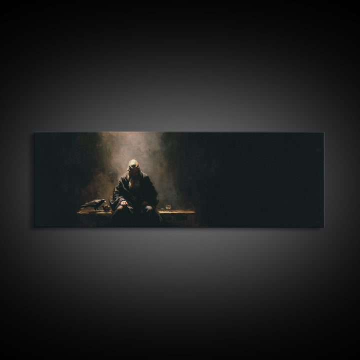 Seated Warrior In Shadow With Raven Framed Canvas Print, Dark Academia Wall Art, Gothic Medieval Decor, Moody Art, Man Cave Decor