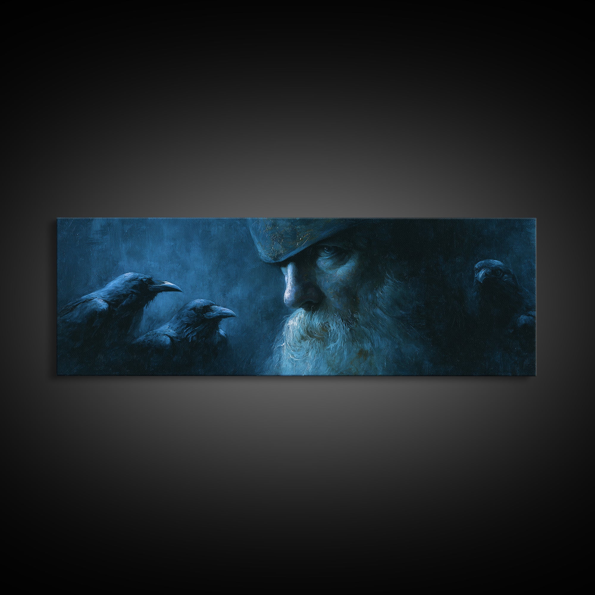 Odin With Ravens In Blue Shadow Canvas Print, Norse Mythology Wall Art, Viking Decor, Dark Academia Gift For Him, Moody Office Decor