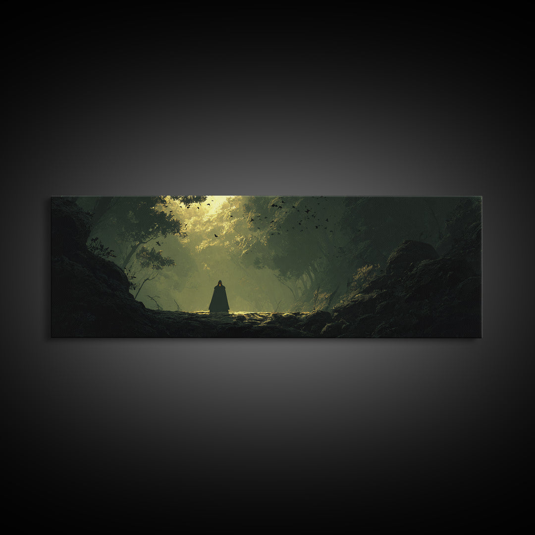 Cloaked Figure In Enchanted Forest Canvas Print, Dark Fantasy Landscape Art, Moody Wall Decor, Gothic Home Decor, Gift For Her