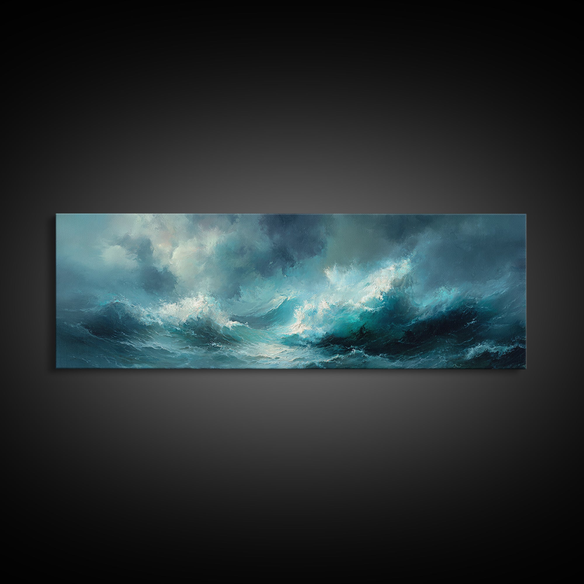 Stormy Teal Ocean Waves Wall Art, Moody Seascape Canvas Print, Coastal Living Room Decor, Large Abstract Ocean Painting Print