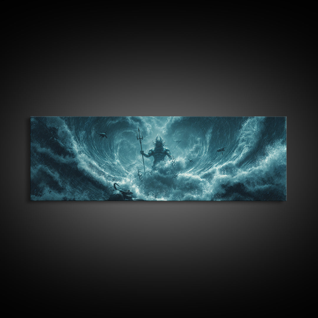 Storm God Rising From Ocean Waves Canvas Print, Poseidon Trident Fantasy Art, Dramatic Nautical Wall Decor For Men, Coastal Storm Artwork