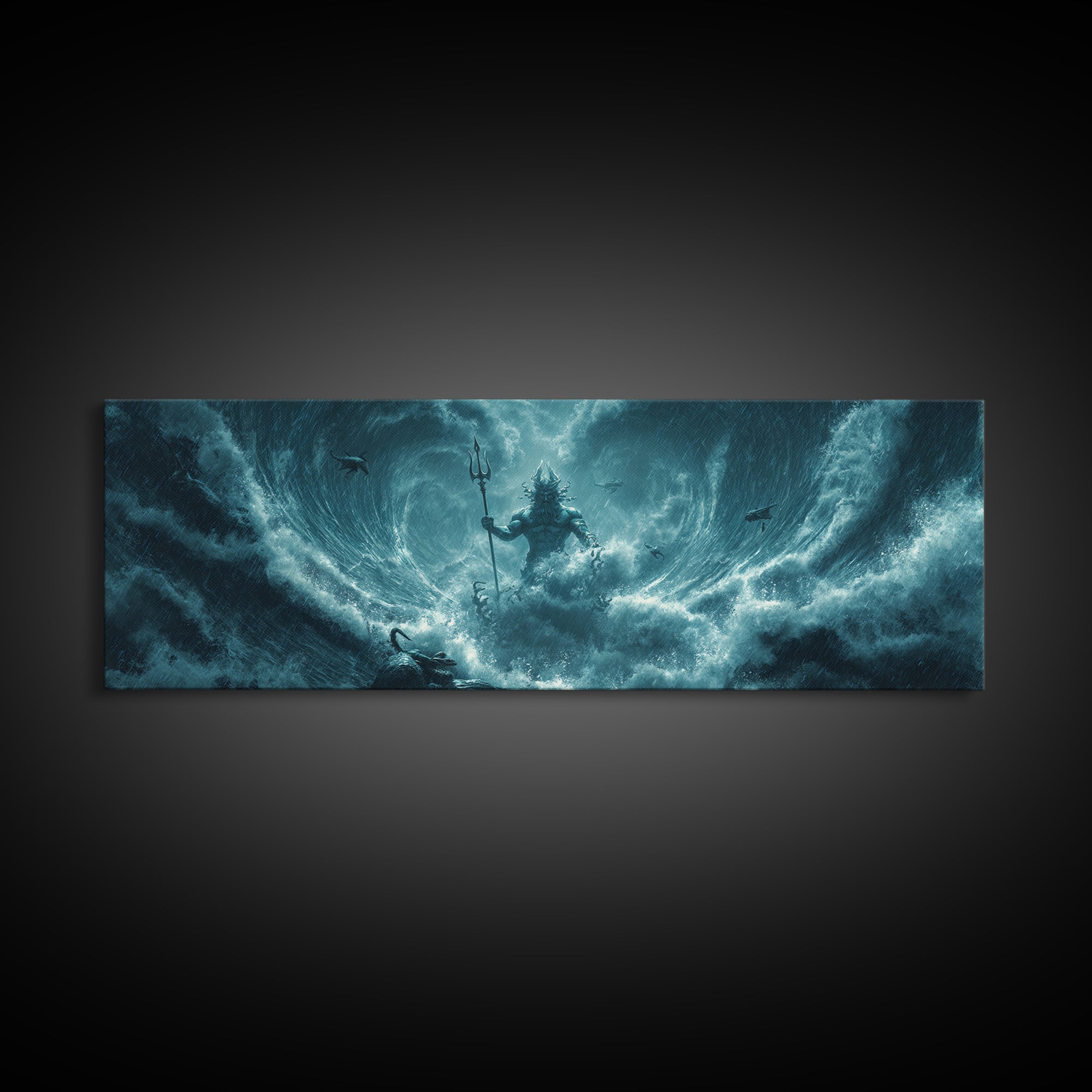 Storm God Rising From Ocean Waves Canvas Print, Poseidon Trident Fantasy Art, Dramatic Nautical Wall Decor For Men, Coastal Storm Artwork