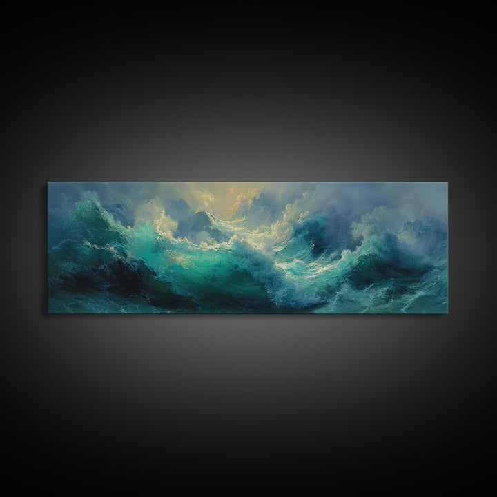 Stormy Turquoise Ocean Waves Framed Canvas Print, Moody Seascape, Coastal Wall Art, Nautical Decor, Large Horizontal Art