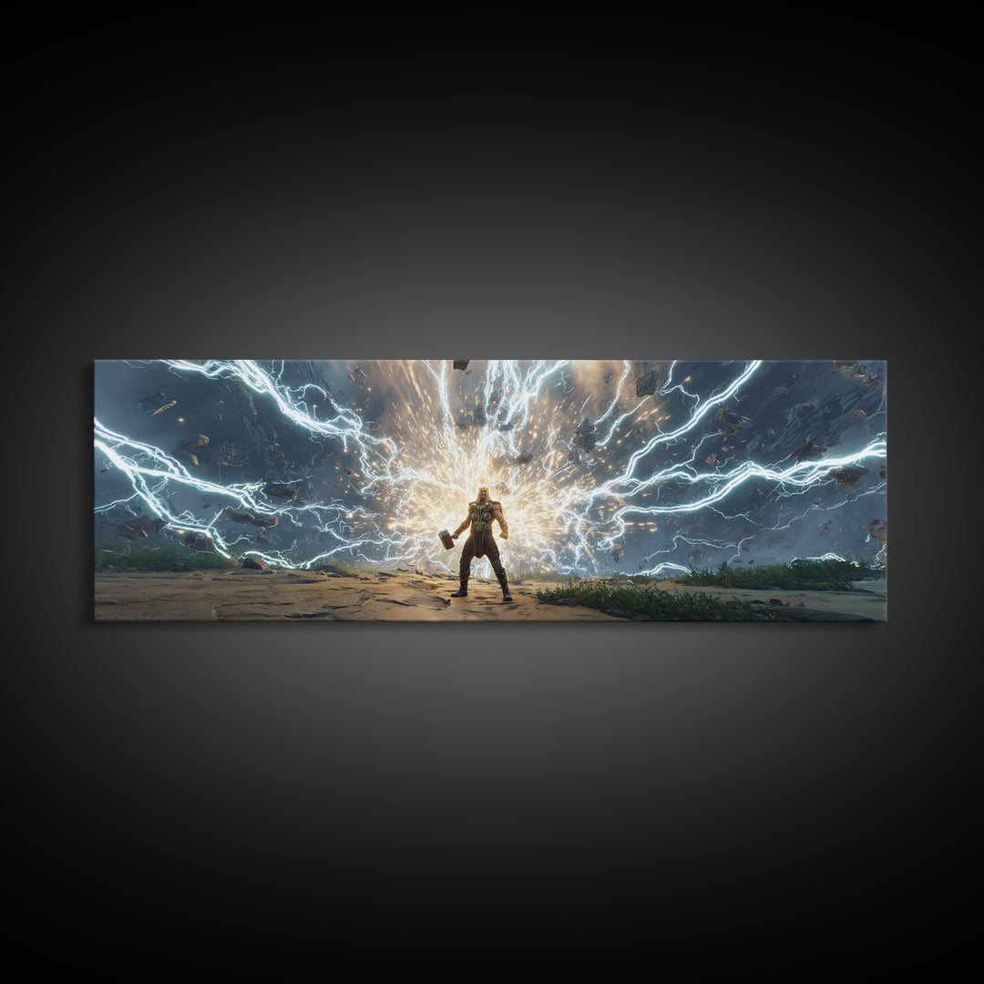 Armored Hero Facing Lightning Portal Canvas Print, Futuristic Sci Fi Wall Art, Cyberpunk Battle Decor, Epic Gaming Room Art