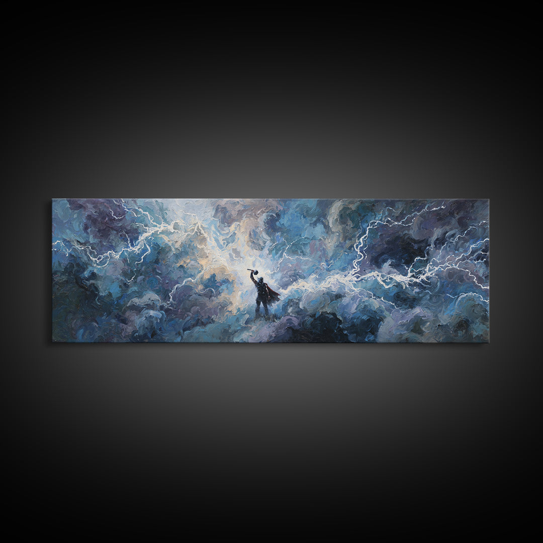 Storm God In Lightning Clouds Canvas Print, Norse Mythology Wall Art, Epic Fantasy Decor, Dramatic Spiritual Artwork Gift