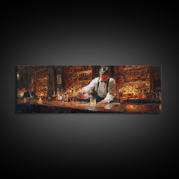 Bartender Pouring Whiskey In Classic Bar Wall Art, Speakeasy Oil Painting Canvas, Masculine Home Bar Decor Print, Gift For Him