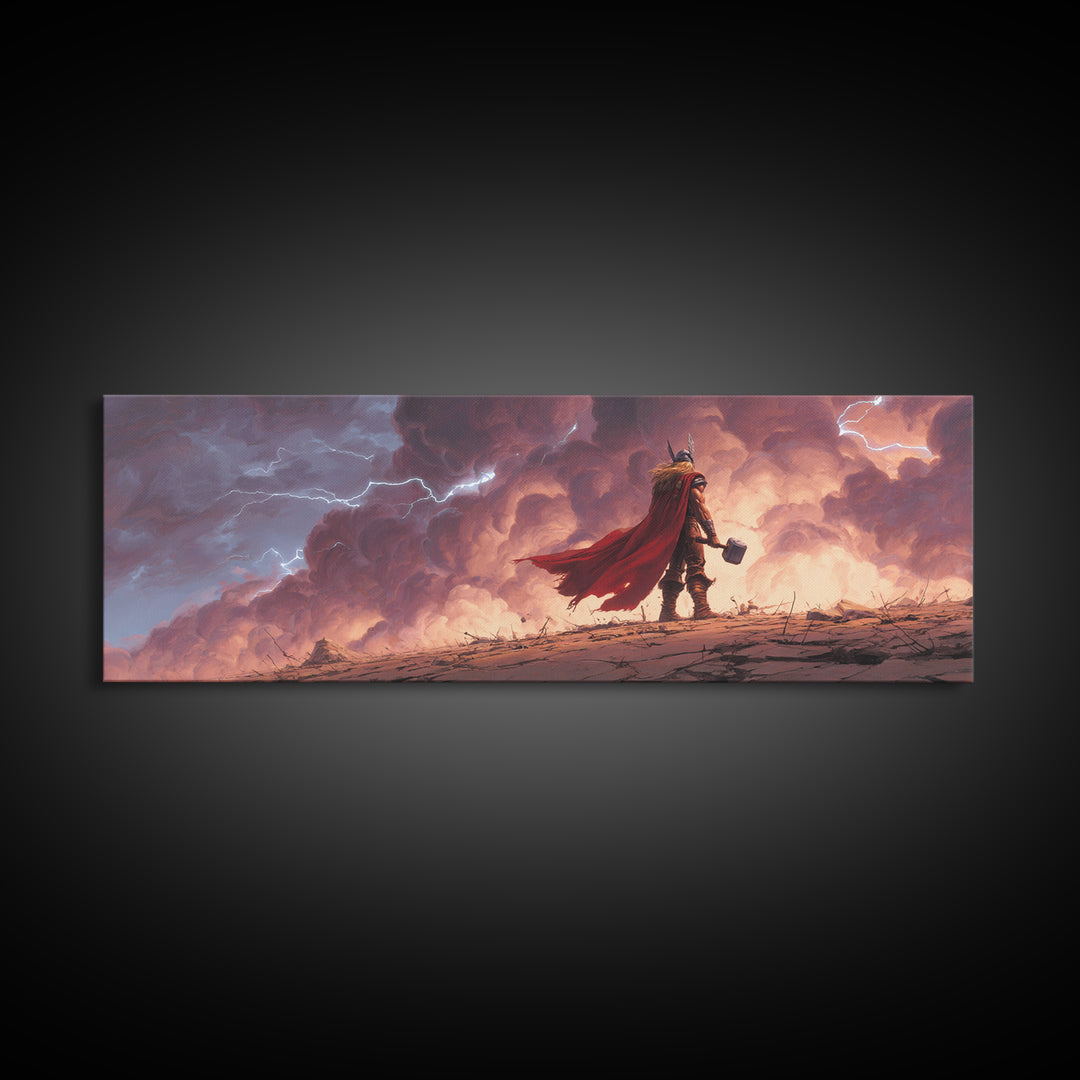 Storm God Warrior With Hammer Canvas Print, Epic Viking Fantasy Wall Art, Thunder Sky Decor, Dramatic Game Room Gift For Him