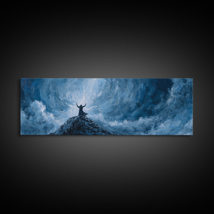 Lone Viking On Stormy Peak Canvas Print, Lightning Sky Wall Art, Norse Mythology Decor, Dramatic Mountain Artwork Gift For Him