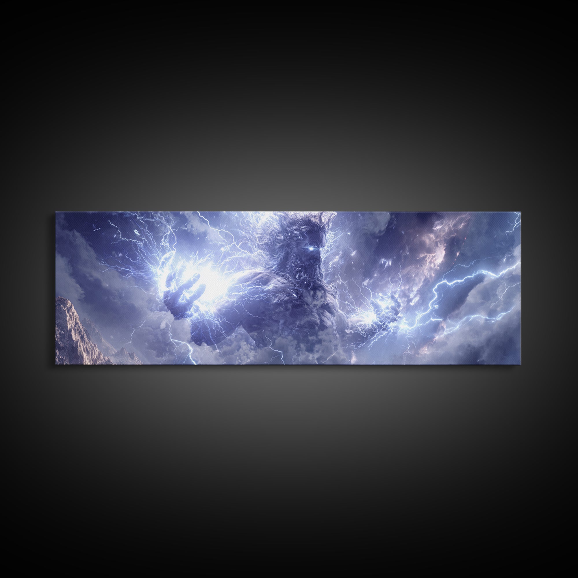 Colossal Storm Titan Wielding Lightning Canvas Print, Mythological Fantasy Wall Art, Thunder God Decor, Epic Mountain Artwork