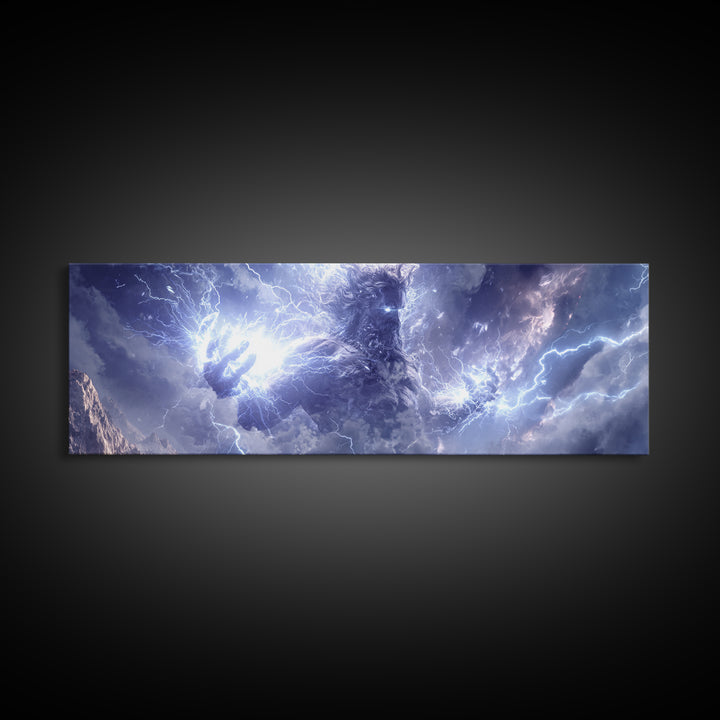 Colossal Storm Titan Wielding Lightning Canvas Print, Mythological Fantasy Wall Art, Thunder God Decor, Epic Mountain Artwork