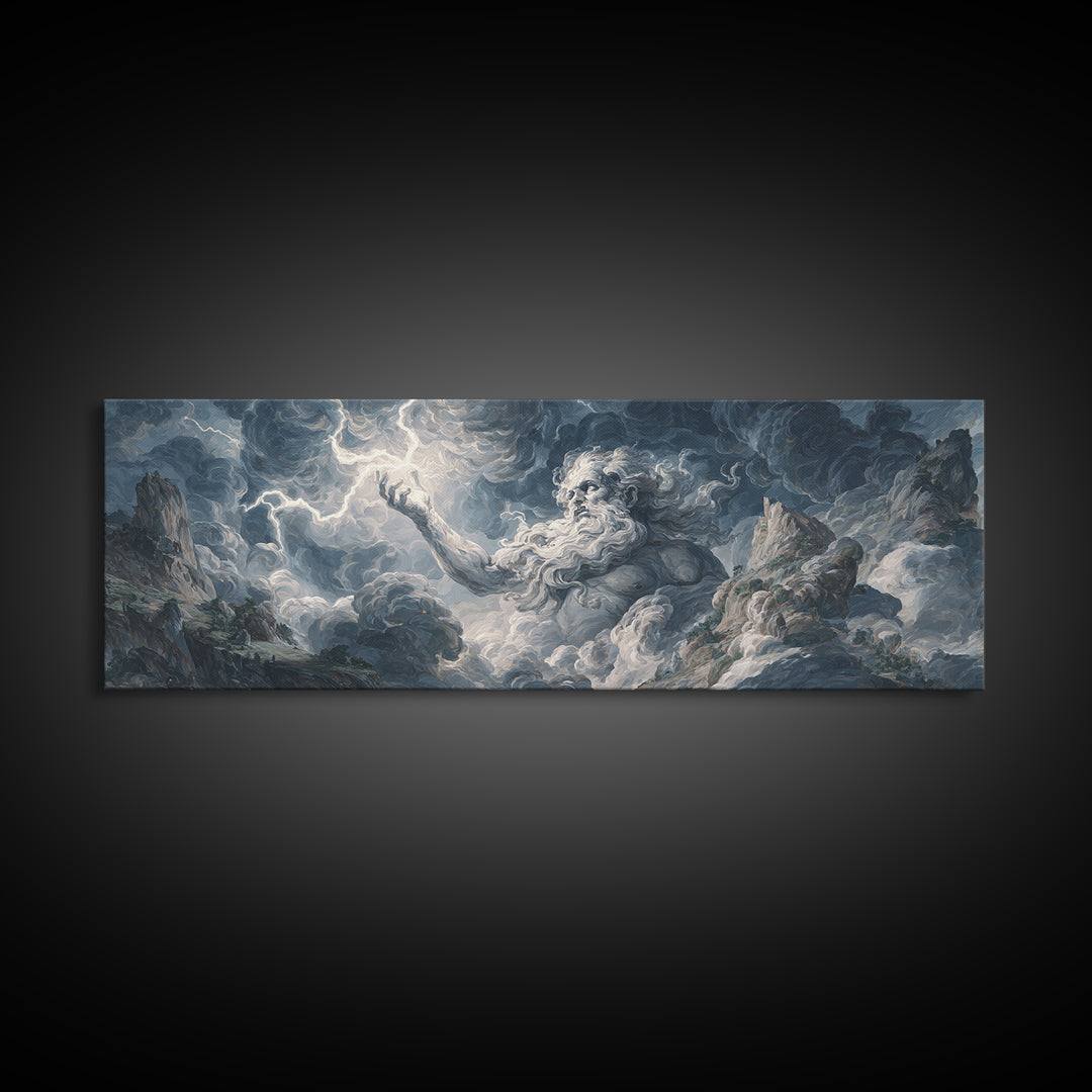 Mythic Storm God In Mountain Clouds Wall Art, Baroque Fantasy Landscape, Lightning Canvas Print, Dramatic Moody Decor, Large Art