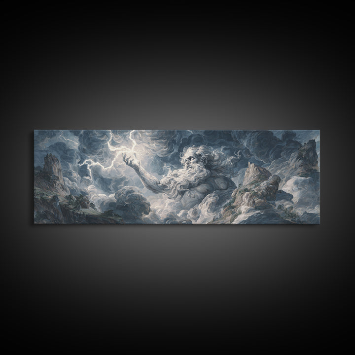 Mythic Storm God In Mountain Clouds Wall Art, Baroque Fantasy Landscape, Lightning Canvas Print, Dramatic Moody Decor, Large Art