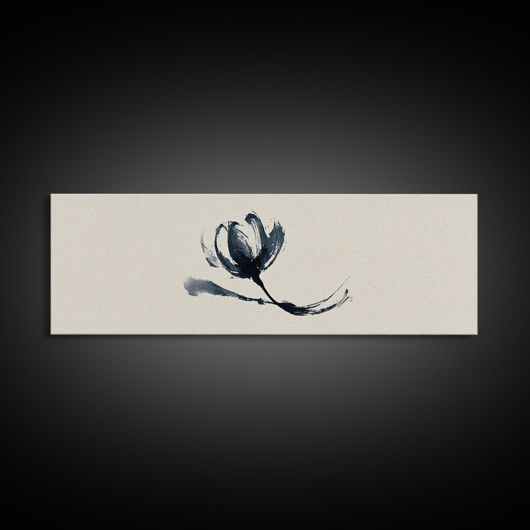 Minimalist Ink Flower On Textured Linen Wall Art, Botanical Canvas Print, Neutral Floral Decor, Japandi Bedroom Wall Art