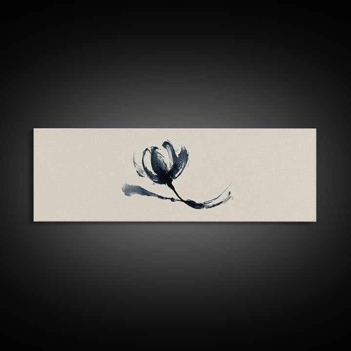 Minimalist Ink Flower On Textured Linen Wall Art, Botanical Canvas Print, Neutral Floral Decor, Japandi Bedroom Wall Art