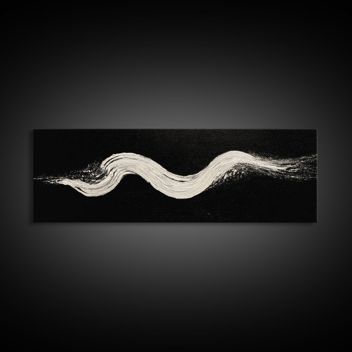 Black And White Brushstroke Wall Art, Minimalist Abstract Canvas Print, Textured Modern Decor, Large Horizontal Art Print
