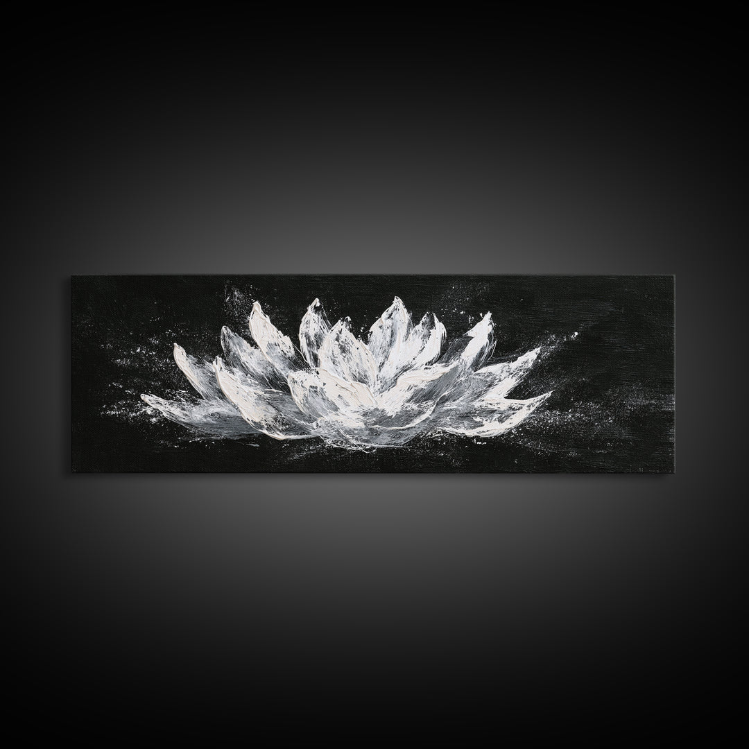Black And White Lotus Flower Canvas Print, Textured Floral Painting, Minimalist Spa Decor, Elegant Modern Bathroom Wall Art