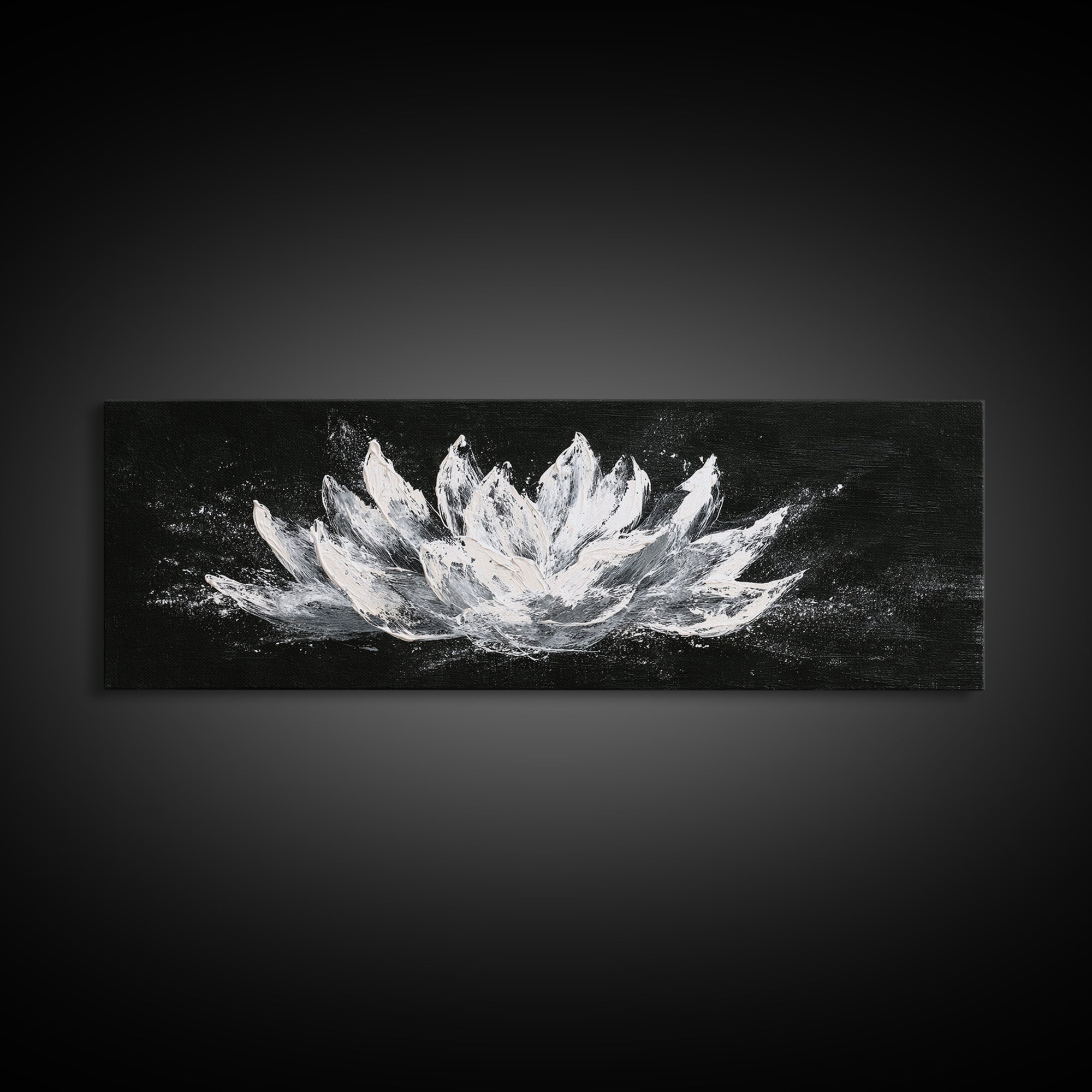 Black And White Lotus Flower Canvas Print, Textured Floral Painting, Minimalist Spa Decor, Elegant Modern Bathroom Wall Art