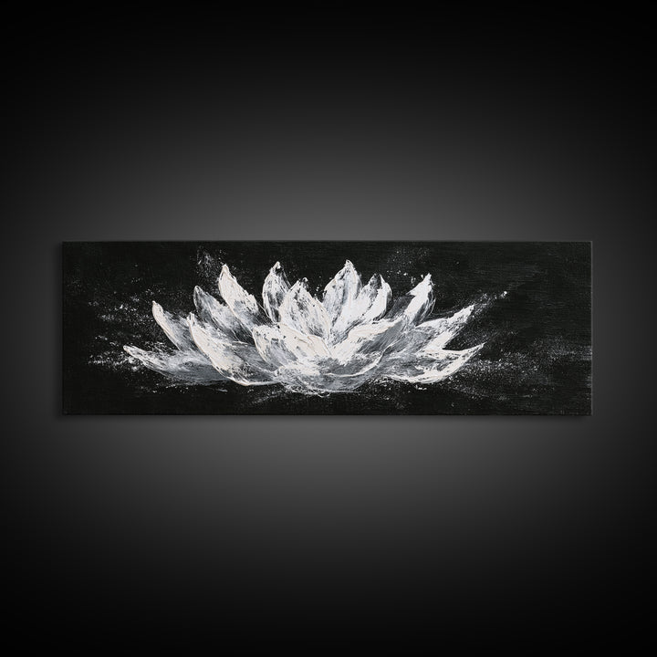 Black And White Lotus Flower Canvas Print, Textured Floral Painting, Minimalist Spa Decor, Elegant Modern Bathroom Wall Art