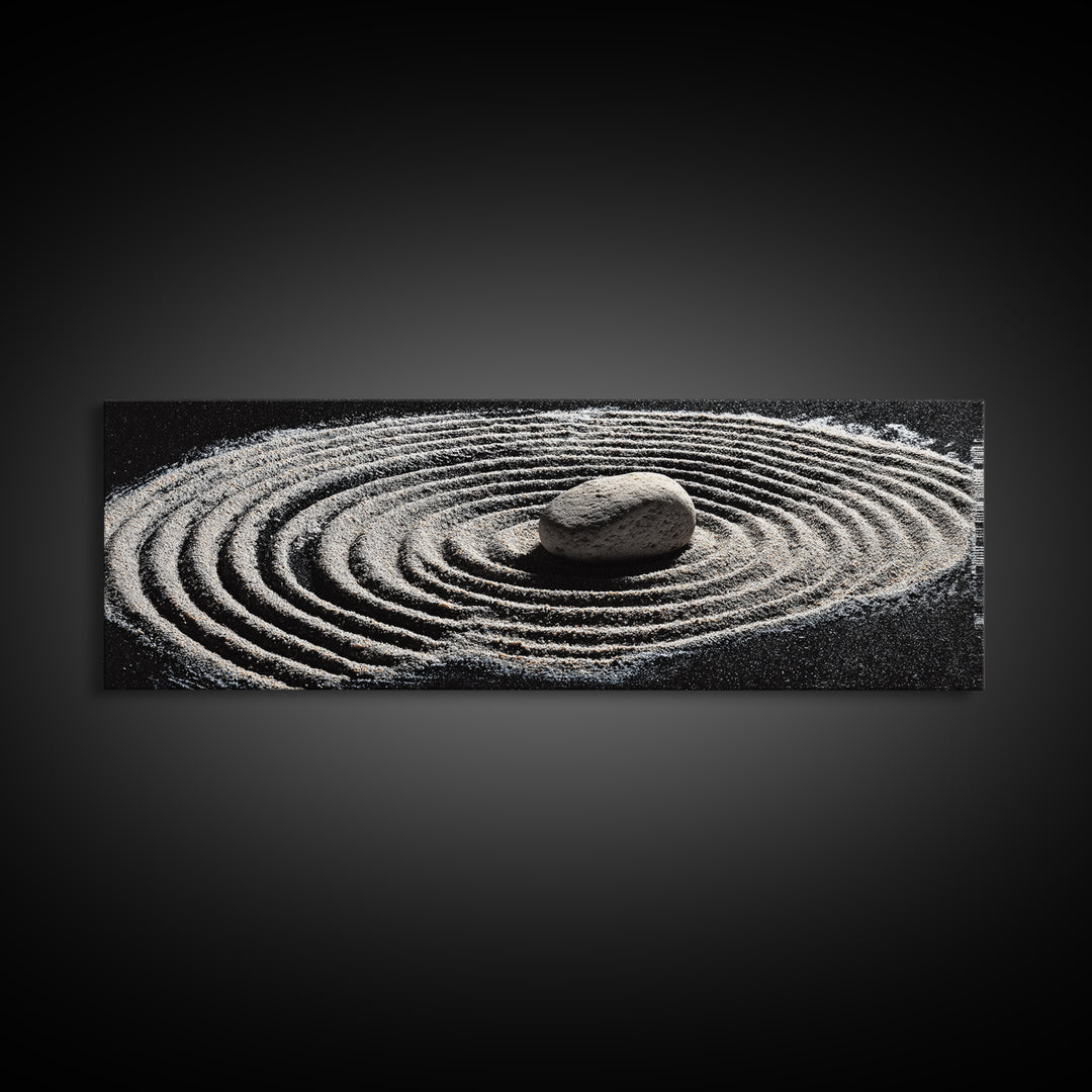 Zen Sand Garden With Center Stone Wall Art, Black And White Minimalist Decor, Japandi Meditation Print For Spa Room, Home Decor