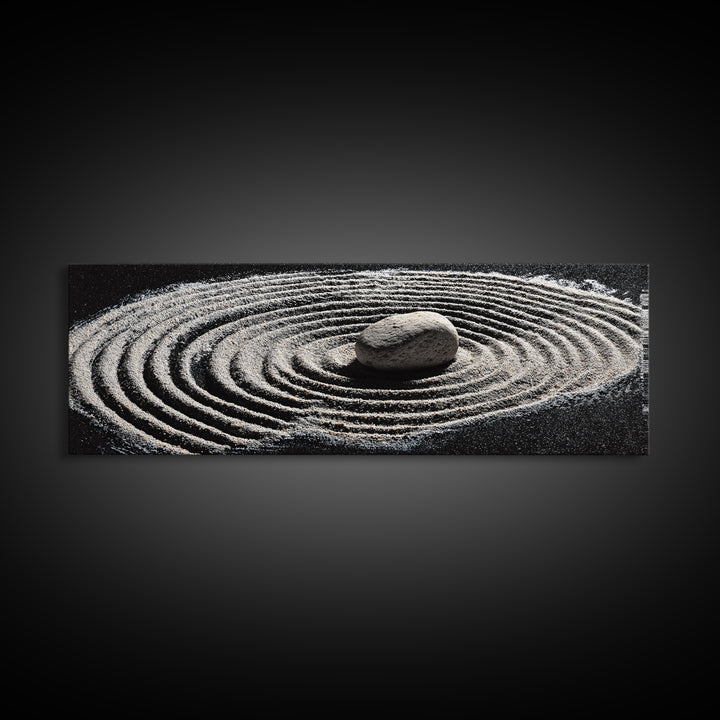 Zen Sand Garden With Center Stone Wall Art, Black And White Minimalist Decor, Japandi Meditation Print For Spa Room, Home Decor
