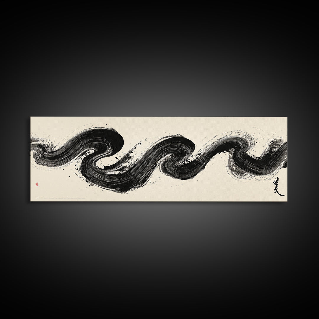 Abstract Black Ink Wave Brushstroke Wall Art, Minimalist Japanese Canvas Print, Zen Calligraphy Decor For Modern Home Wall Decor
