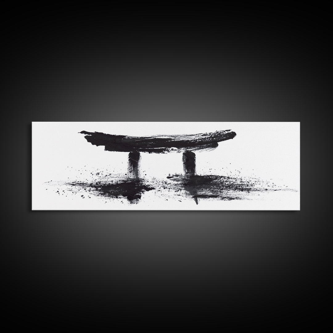 Black Ink Japanese Torii Gate Wall Art, Minimalist Canvas Print, Zen Calligraphy Decor, Black And White Japandi Office Wall Decor