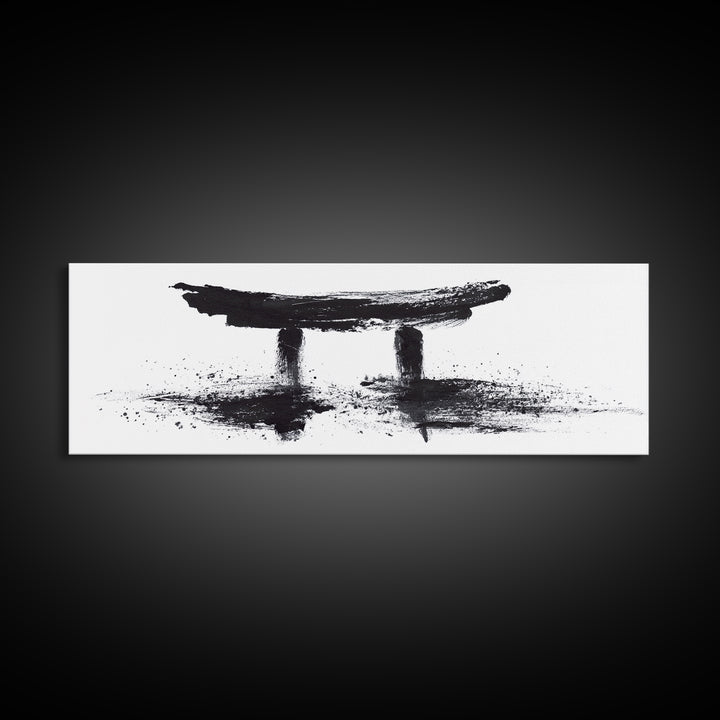 Black Ink Japanese Torii Gate Wall Art, Minimalist Canvas Print, Zen Calligraphy Decor, Black And White Japandi Office Wall Decor