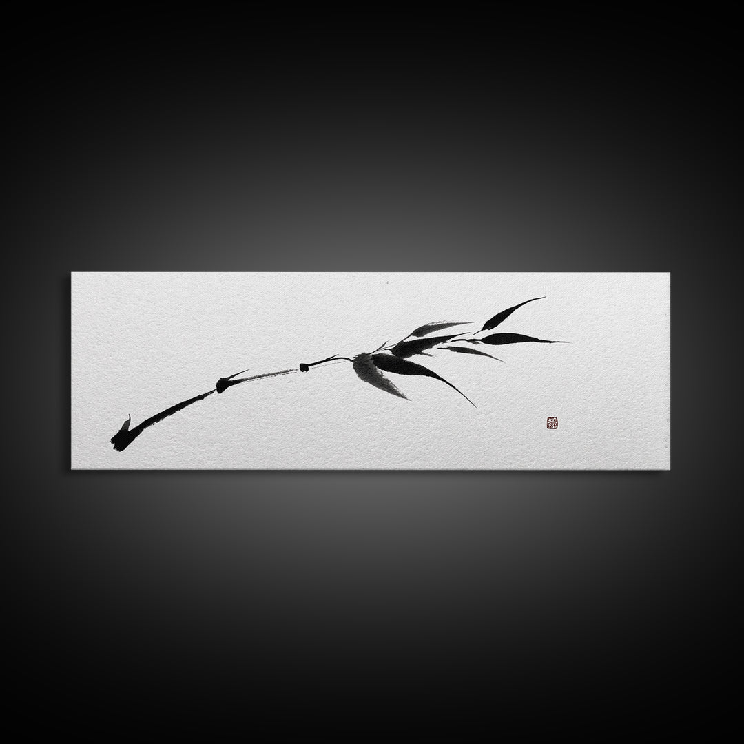 Minimalist Black Bamboo Ink Branch Wall Art, Japanese Zen Canvas Print, Monochrome Botanical Decor, Wabi Sabi Office Art