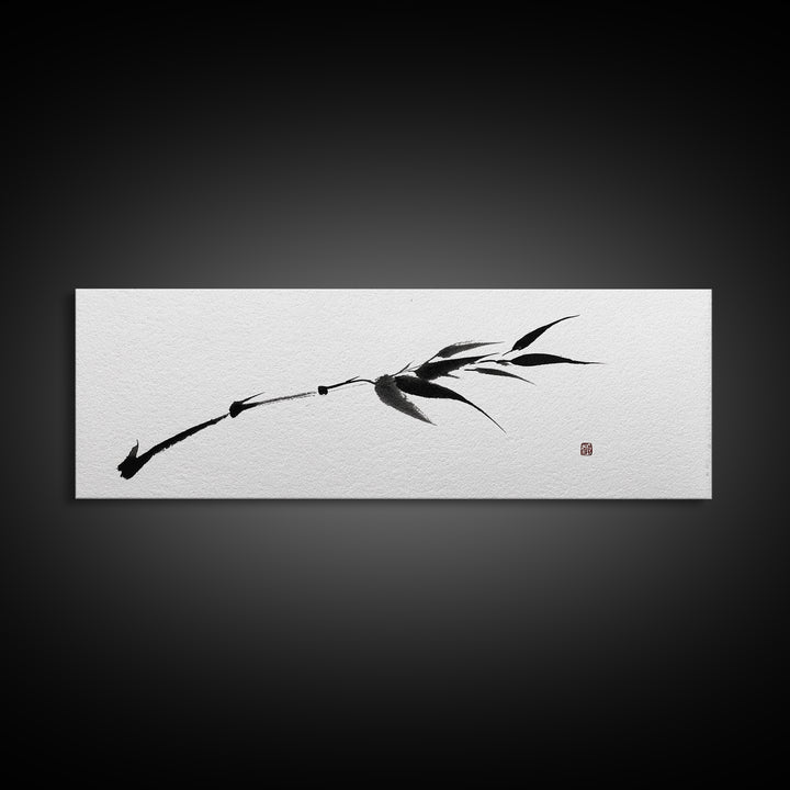 Minimalist Black Bamboo Ink Branch Wall Art, Japanese Zen Canvas Print, Monochrome Botanical Decor, Wabi Sabi Office Art