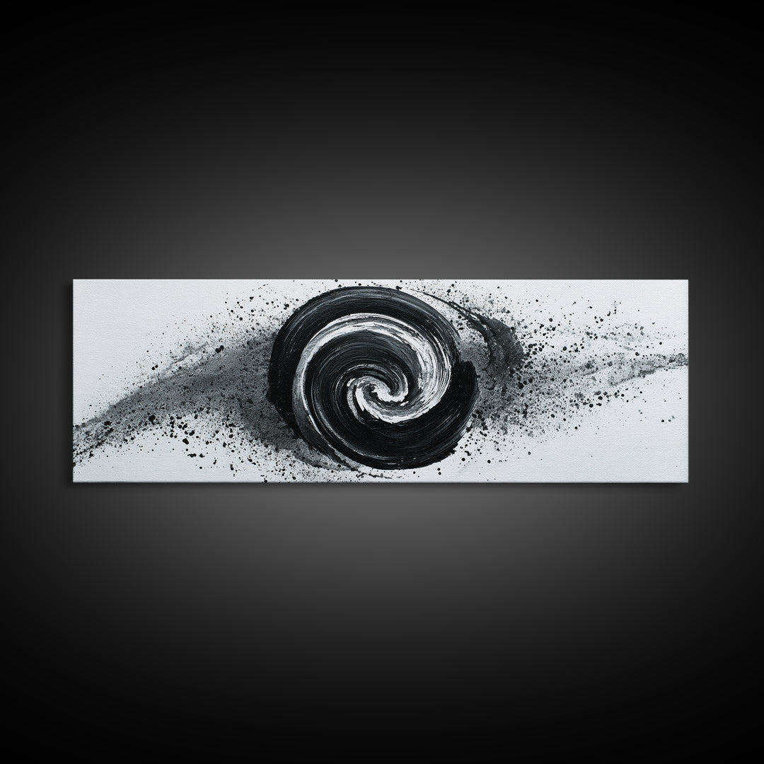 Black And White Spiral Wall Art, Abstract Ink Brush Circle Canvas Print, Monochrome Modern Office Decor, Minimalist Art Print