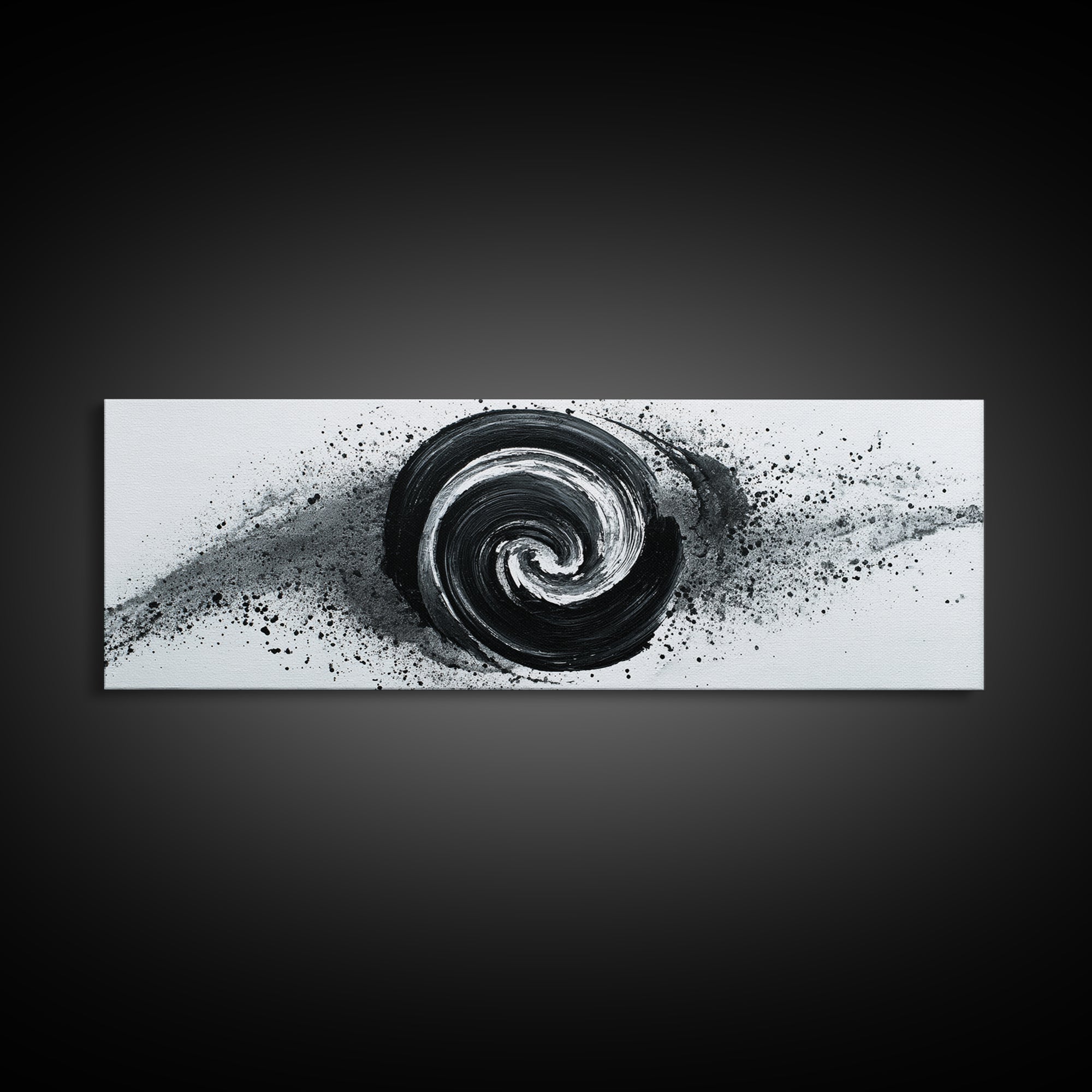 Black And White Spiral Wall Art, Abstract Ink Brush Circle Canvas Print, Monochrome Modern Office Decor, Minimalist Art Print