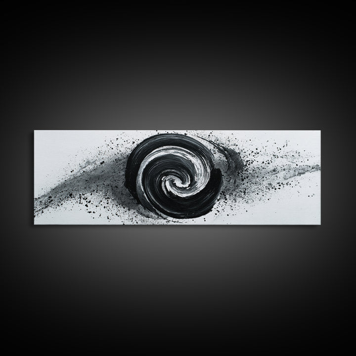 Black And White Spiral Wall Art, Abstract Ink Brush Circle Canvas Print, Monochrome Modern Office Decor, Minimalist Art Print