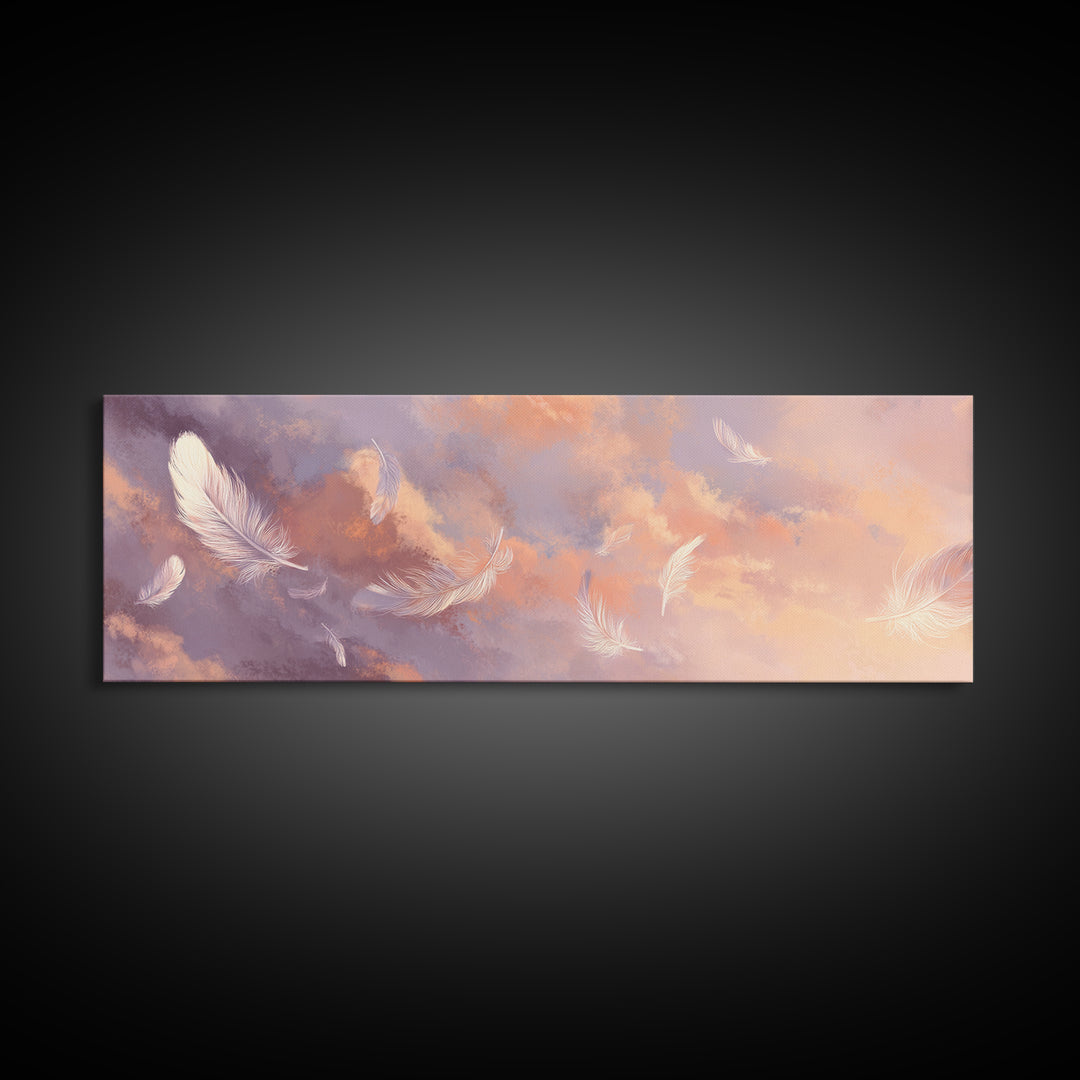 Floating White Feathers Canvas Print, Pastel Sky Wall Art, Dreamy Cloud Decor, Calming Bedroom Or Nursery Artwork Gift For Her