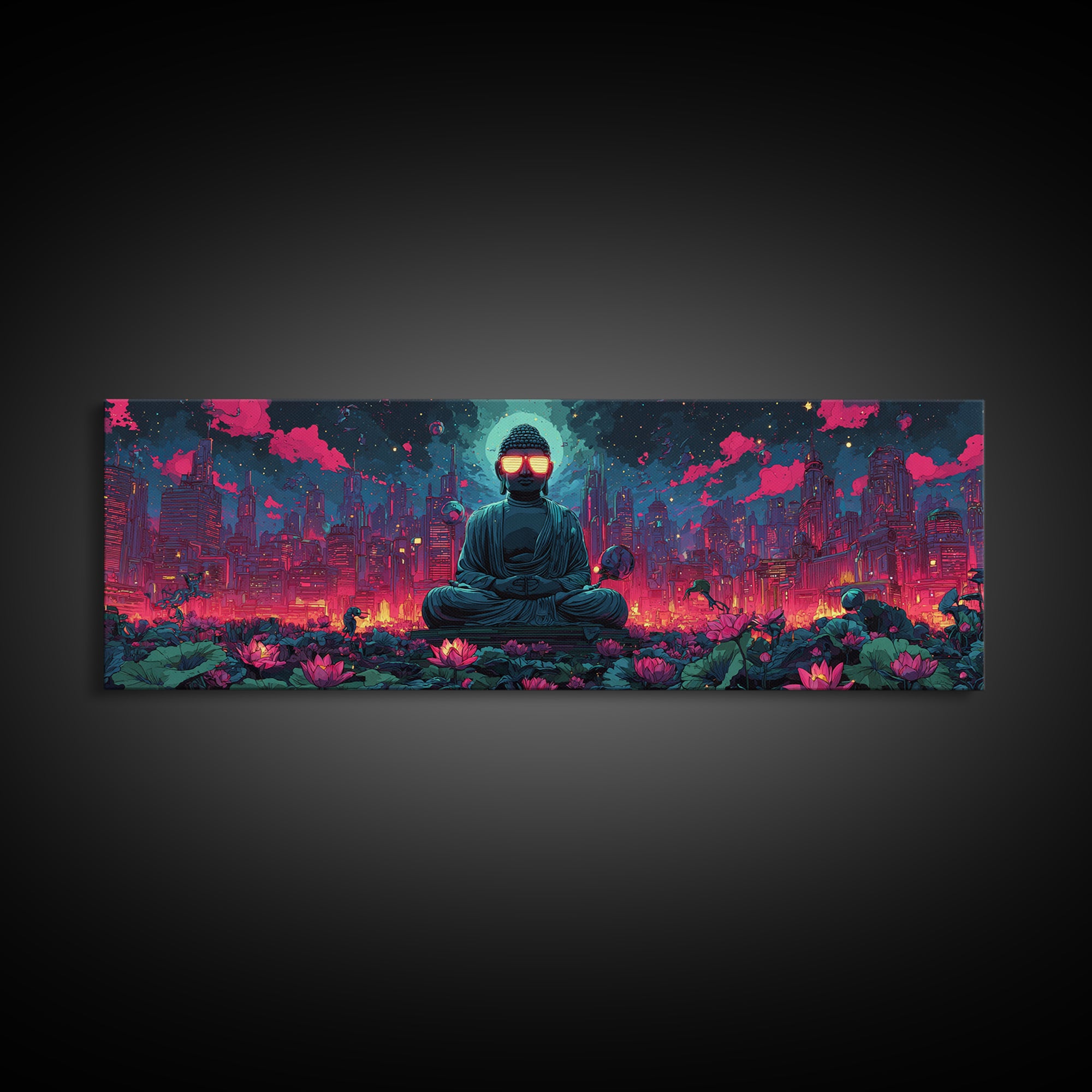 Neon Cyberpunk Buddha City Canvas Print, Futuristic Wall Art, Meditation Decor, Lotus Garden, Gaming Room Poster, Sci Fi Home Decor