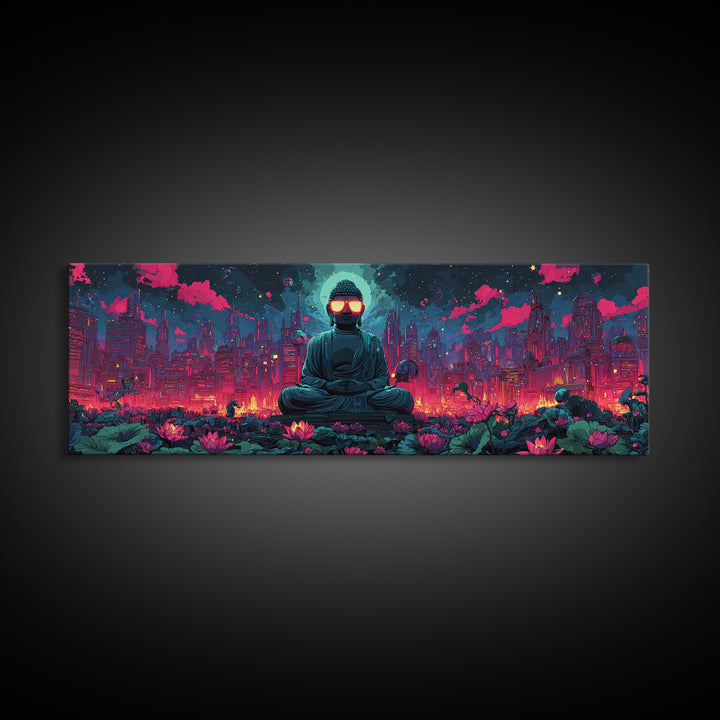 Neon Cyberpunk Buddha City Canvas Print, Futuristic Wall Art, Meditation Decor, Lotus Garden, Gaming Room Poster, Sci Fi Home Decor