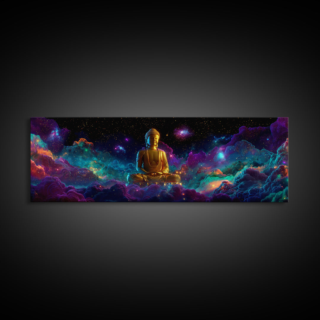 Golden Buddha In Cosmic Nebula Clouds Wall Art, Meditation Room Decor, Spiritual Canvas, Yoga Studio, Celestial Print Gift
