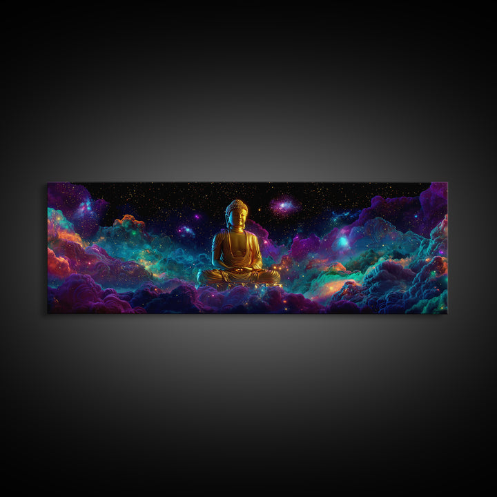 Golden Buddha In Cosmic Nebula Clouds Wall Art, Meditation Room Decor, Spiritual Canvas, Yoga Studio, Celestial Print Gift