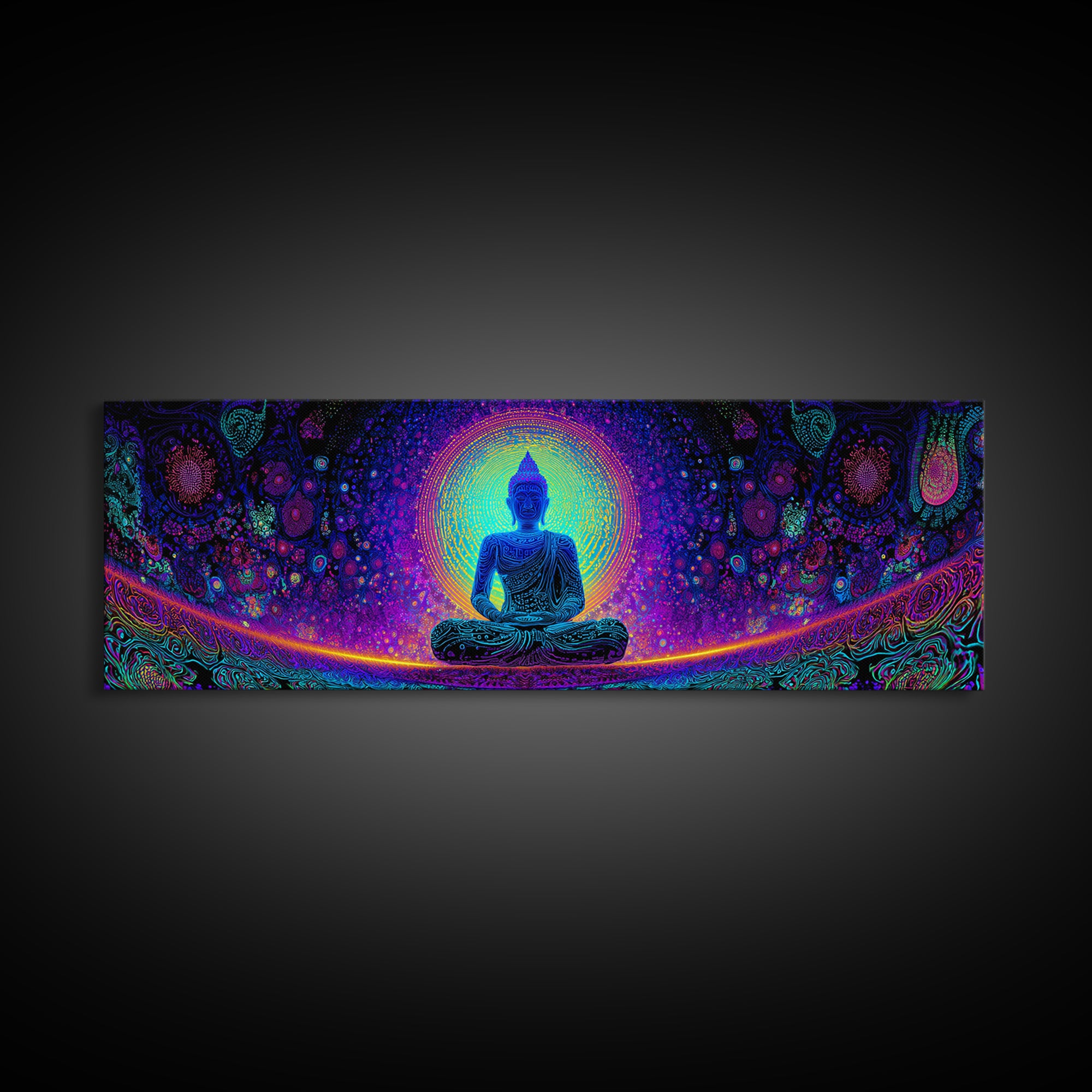 Psychedelic Buddha Mandala Wall Art, Rainbow Meditation Decor, Spiritual Canvas Print, Yoga Studio, Maximalist Wall Decor
