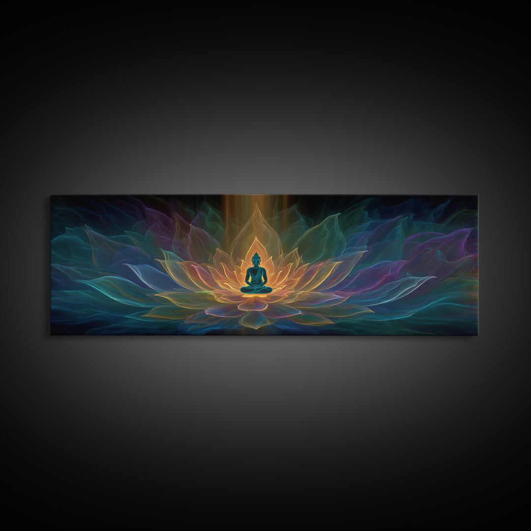 Glowing Buddha Lotus Meditation Canvas Print, Spiritual Zen Wall Decor, Yoga Room Art, Sacred Geometry, Calming Home Decor