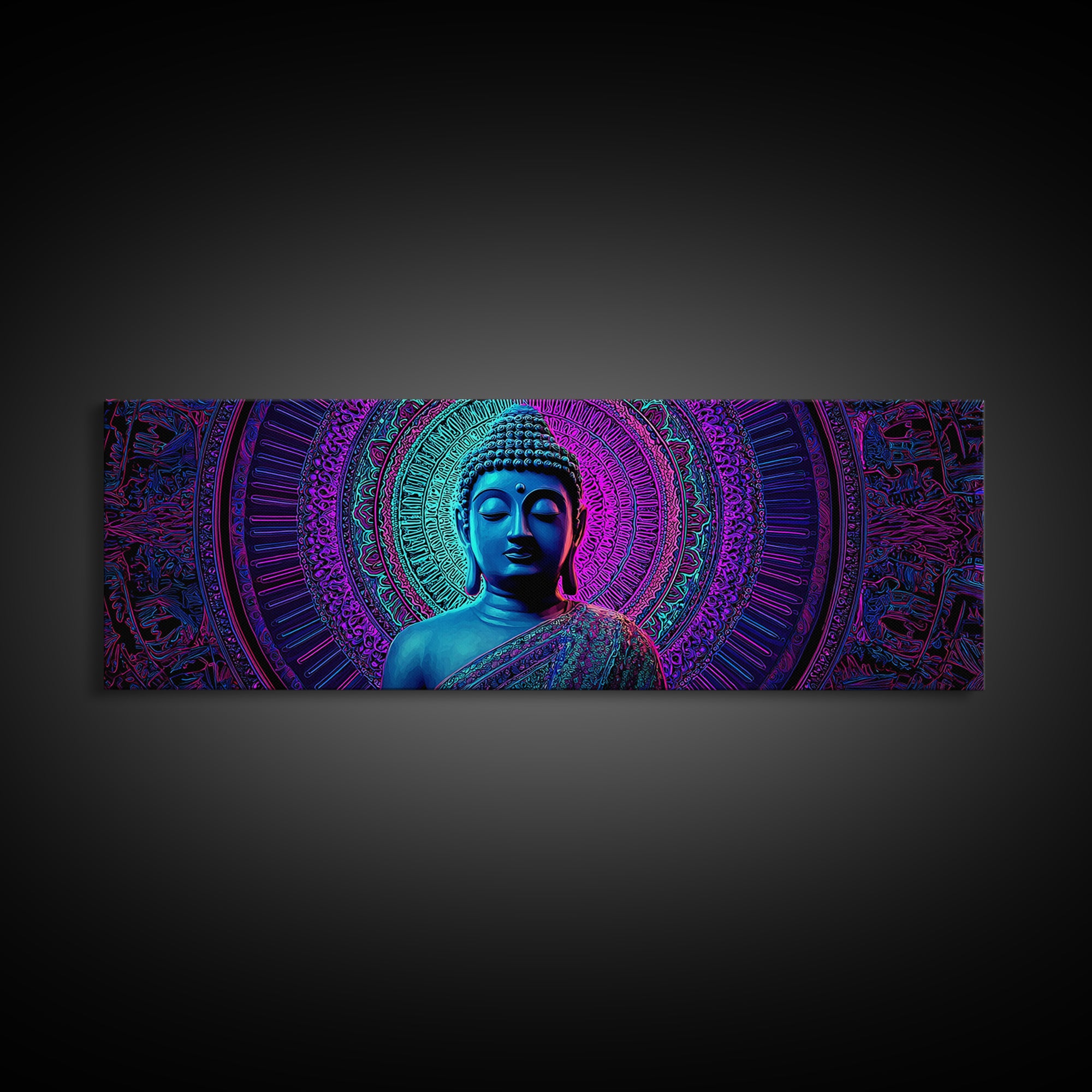 Neon Blue Buddha Meditation Wall Art, Framed Canvas Print, Zen Spiritual Decor, Mandala Yoga Room And Calming Spa Wall Decor
