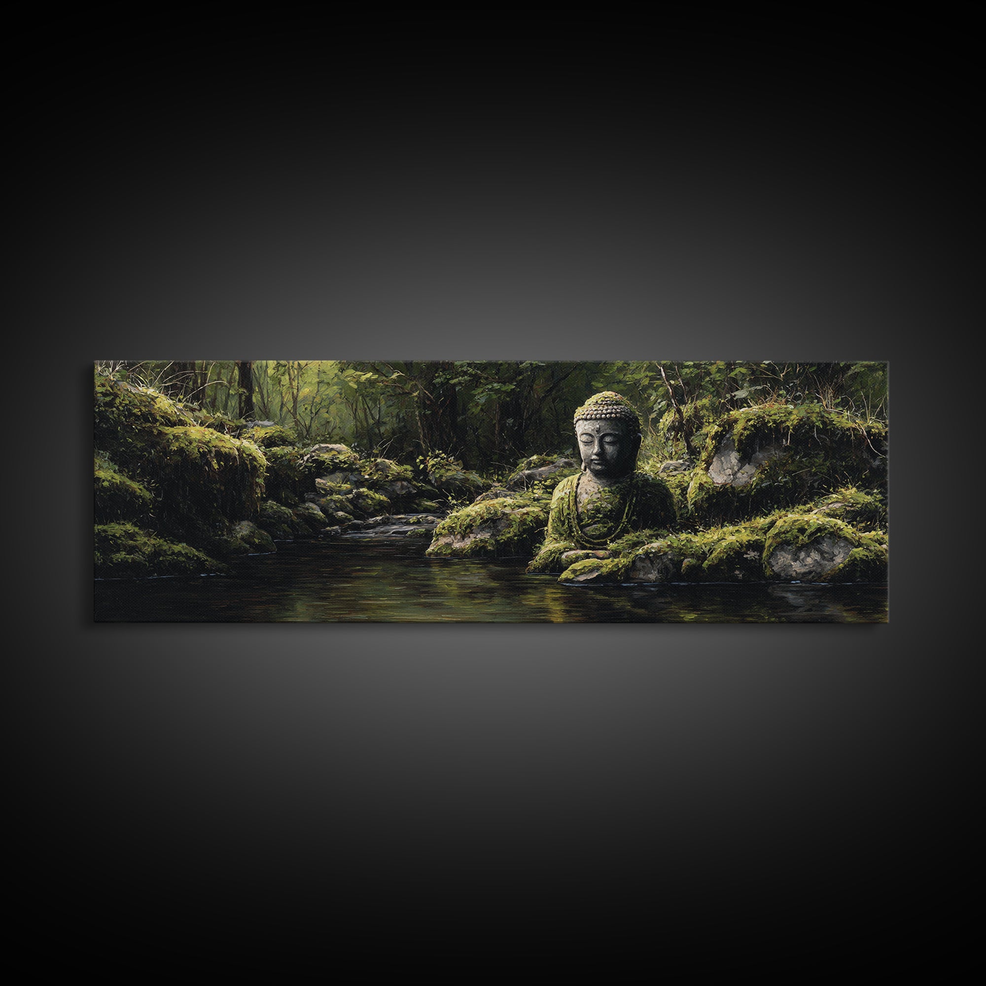 Mossy Buddha Forest Stream Wall Art, Zen Meditation Canvas Print For Spa Decor, Japandi Bathroom Decor And Nature Wall Art