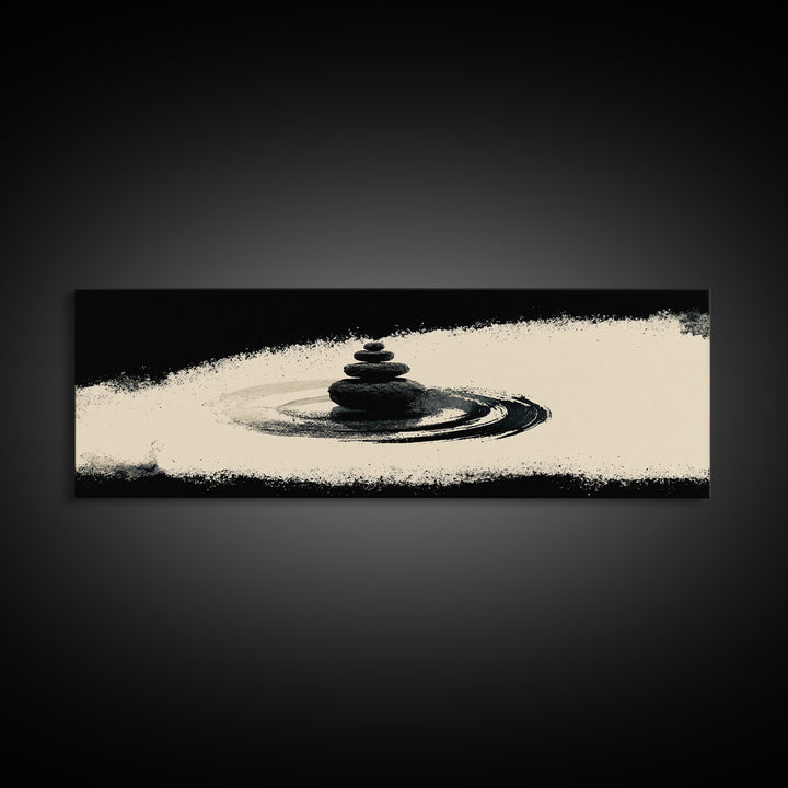 Minimal Zen Stone Stack In Black Ink Circle, Minimalist Wall Art, Japandi Wall Decor, Meditation Room Decor, Spa Home Decor