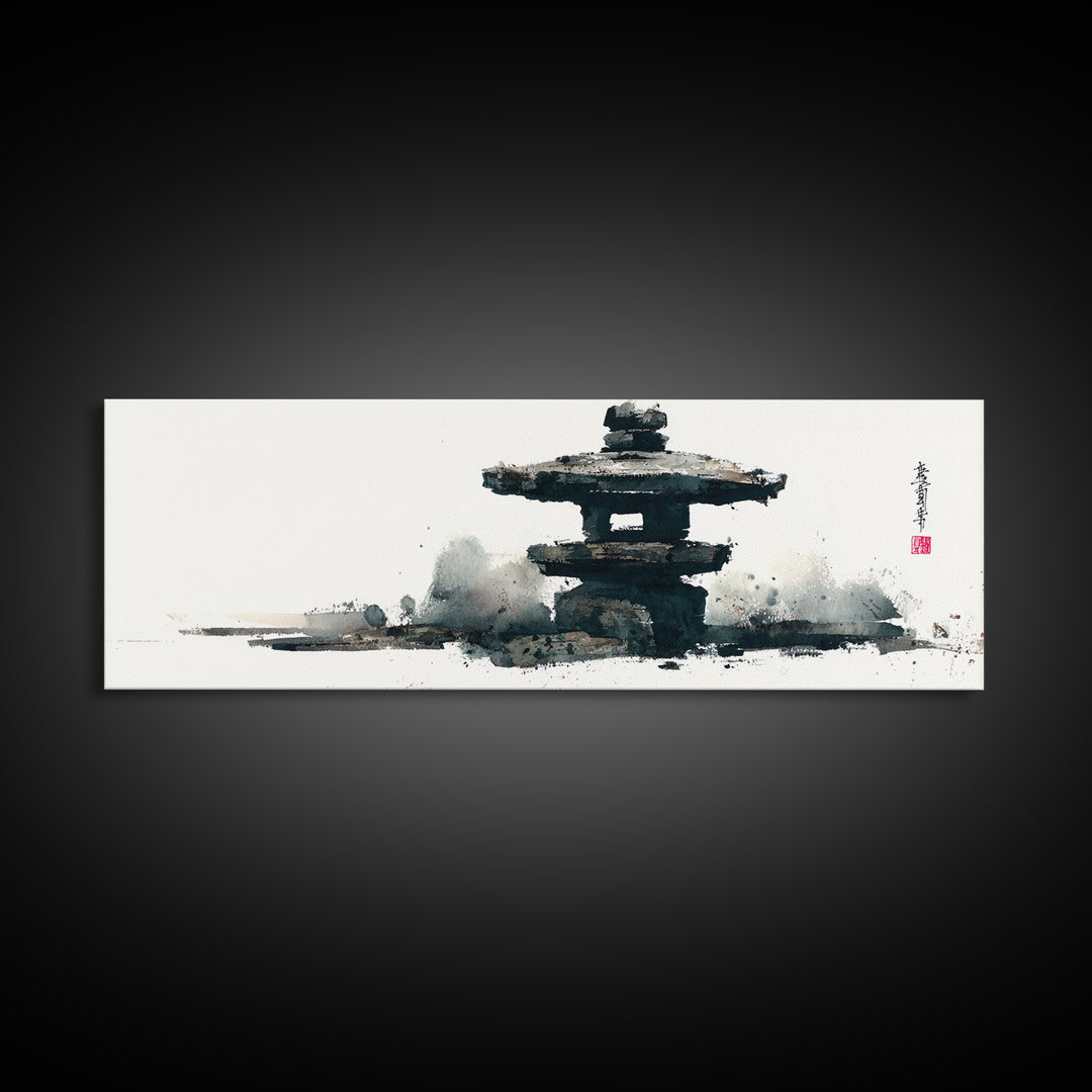Minimal Japanese Pagoda Ink Wash Wall Art, Zen Framed Canvas Print For Japandi Decor, Asian Wall Decor And Meditation Room