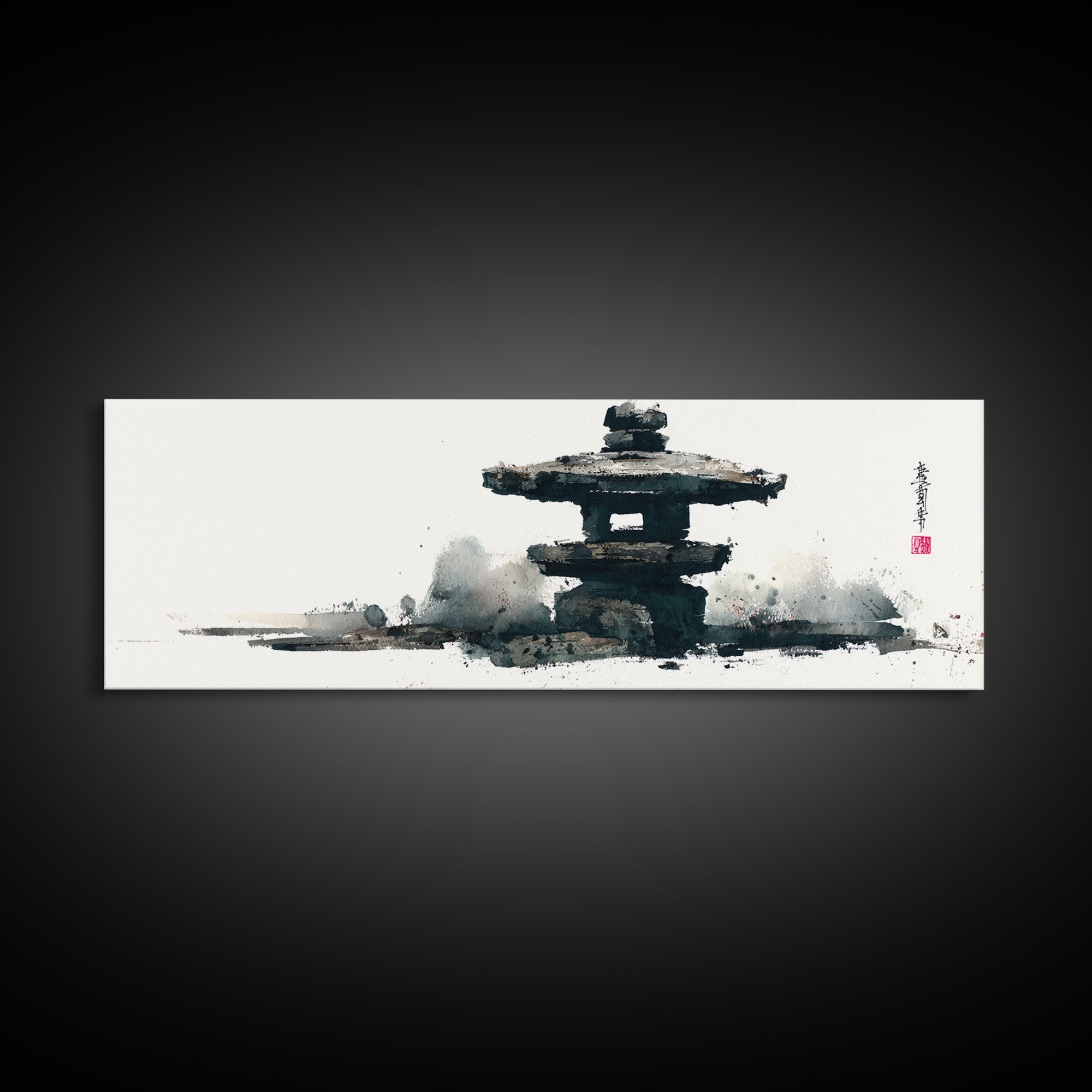 Minimal Japanese Pagoda Ink Wash Wall Art, Zen Framed Canvas Print For Japandi Decor, Asian Wall Decor And Meditation Room