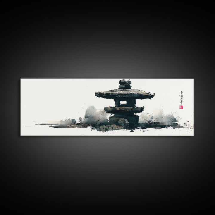 Minimal Japanese Pagoda Ink Wash Wall Art, Zen Framed Canvas Print For Japandi Decor, Asian Wall Decor And Meditation Room
