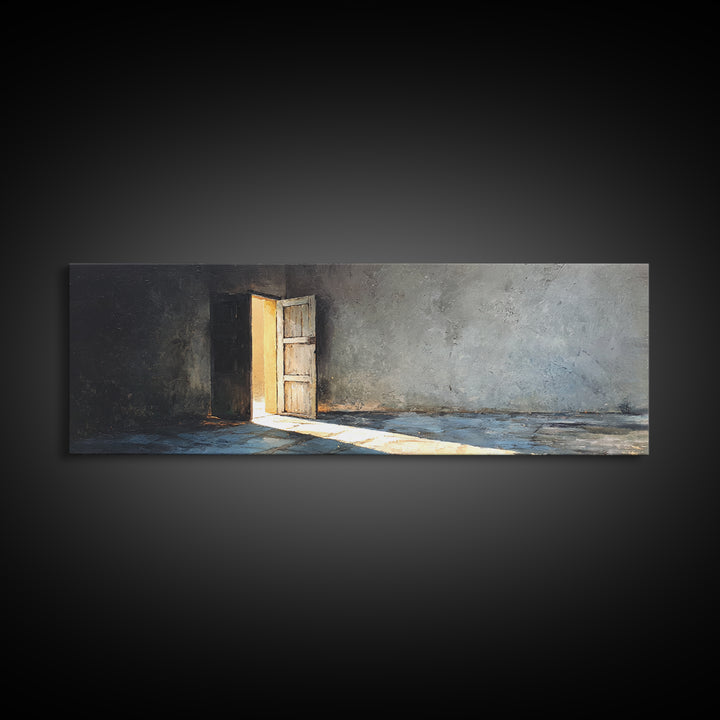 Sunlit Open Door In Moody Concrete Room Wall Art, Wabi Sabi Minimalist Print, Textured Neutral Decor For Living Room, Home Decor