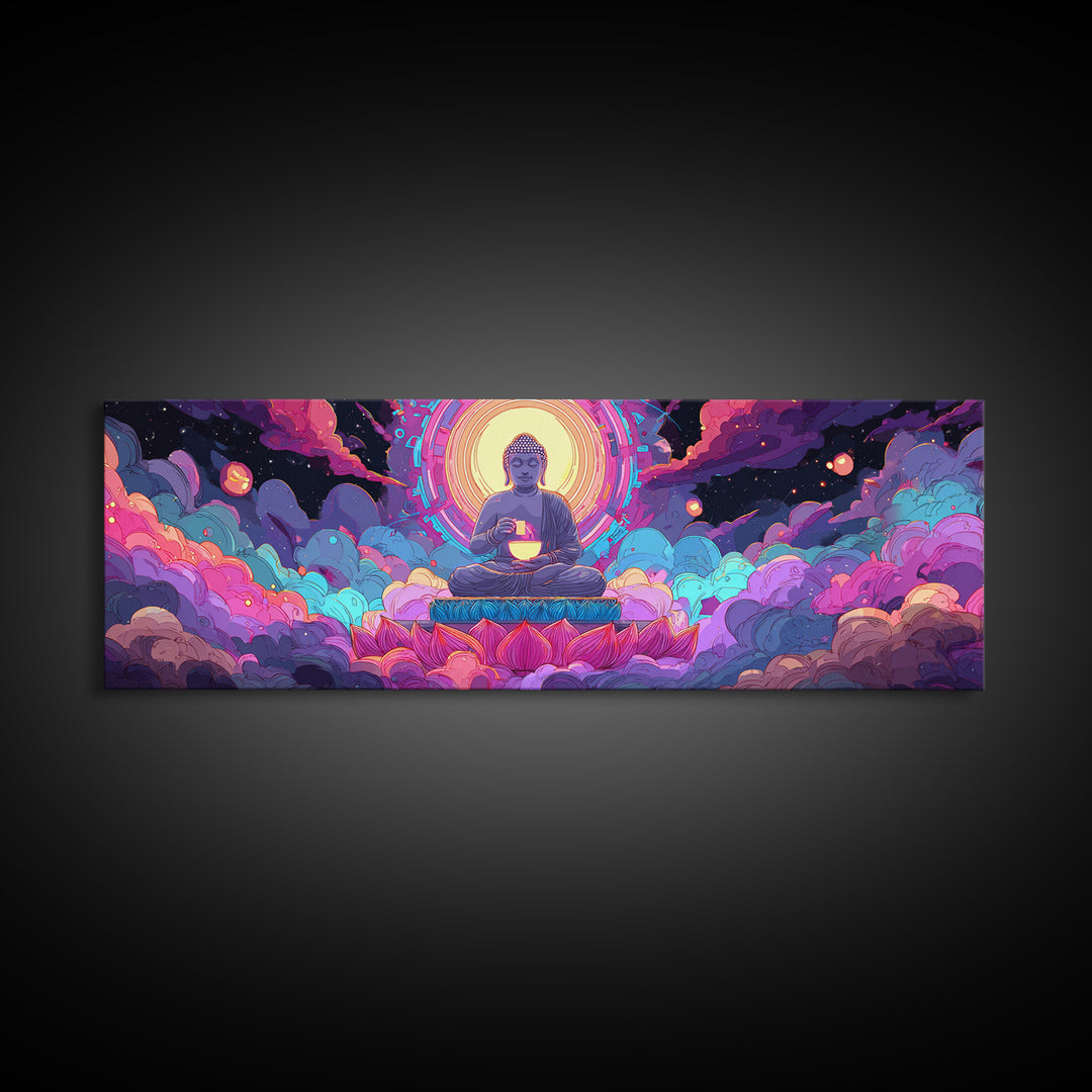 Radiant Buddha Lotus Meditation Canvas Print, Psychedelic Celestial Wall Art For Yoga Studio, Spiritual Home Decor Print
